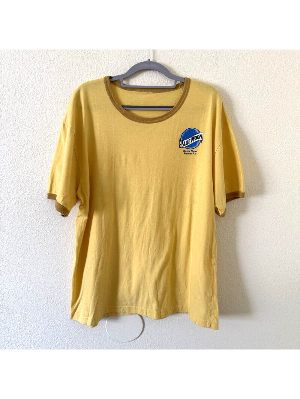 Blue Moon Honey Moon Summer Ale Promo Ringer T-Shirt Size L Goldenrod